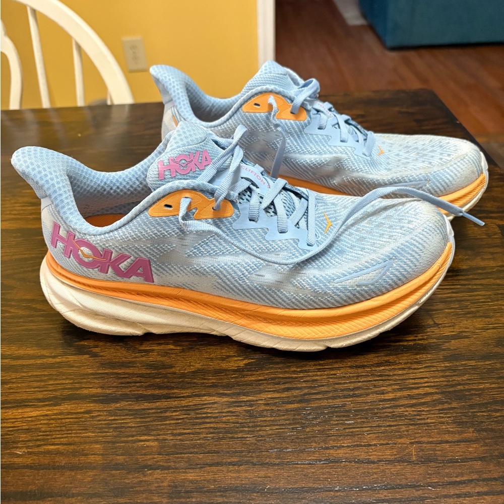 Hoka Sky Blue and Tangerine Athletic Shoes Clifton 9